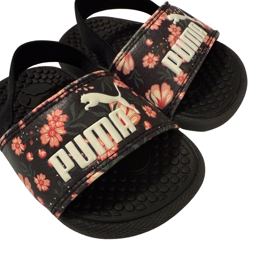 Puma Kids Floral Slide Sandals w/ Heel Strap, Black & Pink, US 4 Toddler Girls